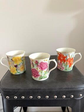Lenox Floral Porcelain Tea Mugs - Set of 3 (Pink, Yellow, Orange Flower Designs)